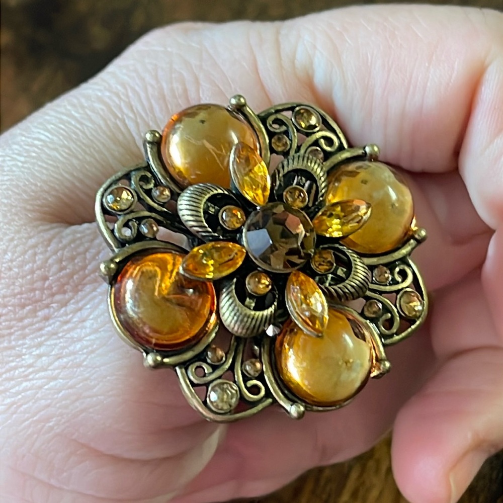 Viv Amber Gem Bead And Gem Stretch Ring